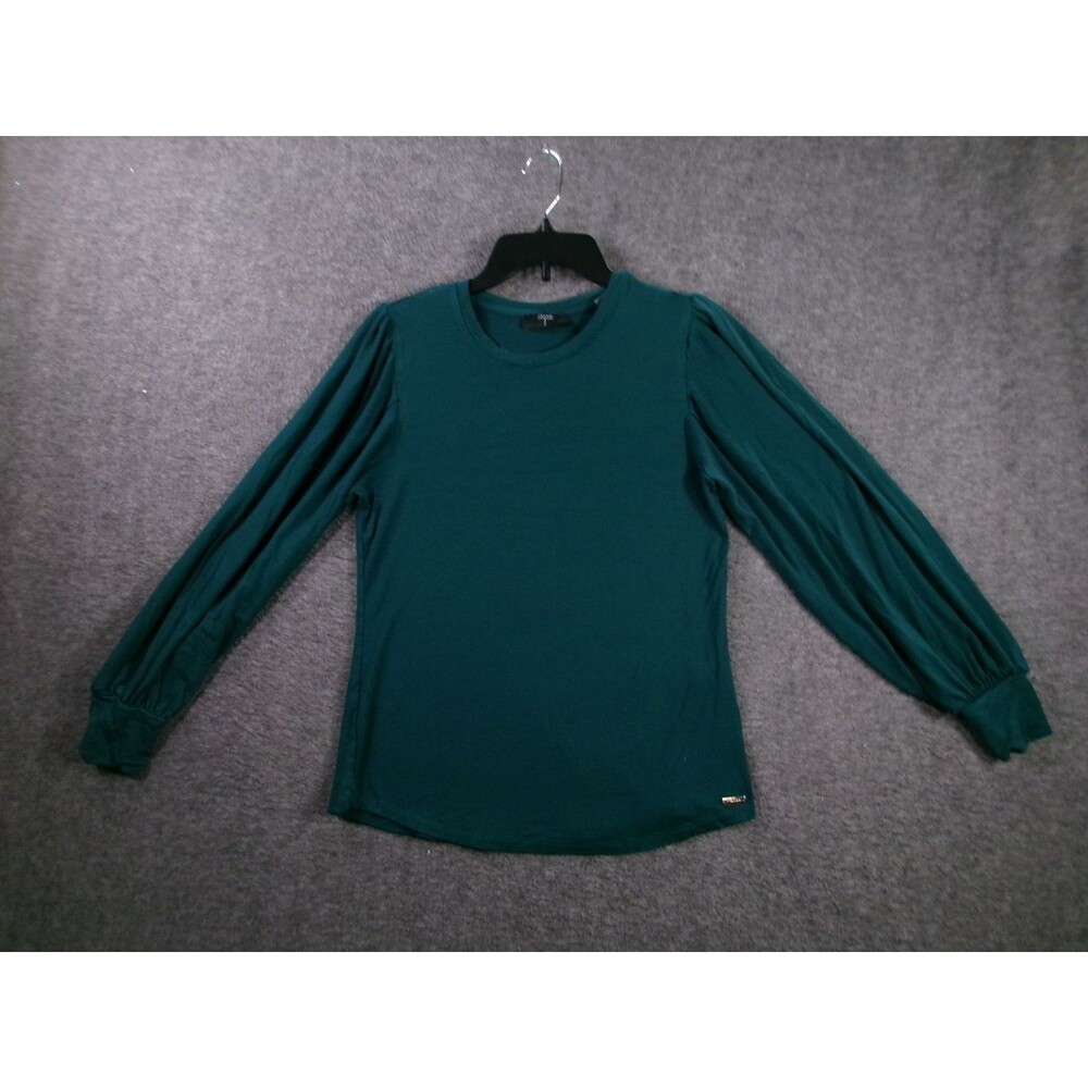 Tahari Top Womens S Teal Long Sleeve Pleated Balloon Sleeve Crewneck Metal Logo